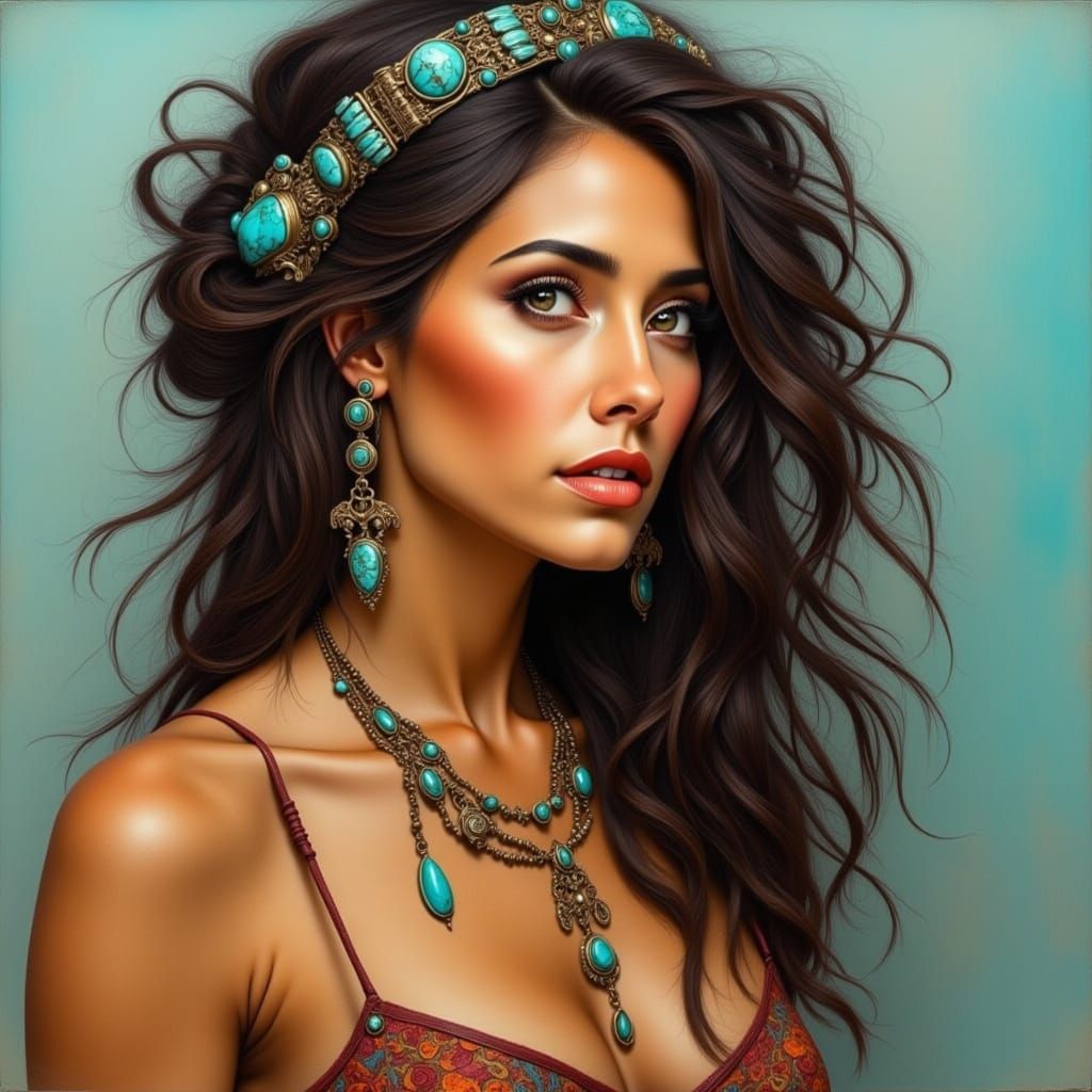Woman in Turquoise Jewelry: Digital Portrait