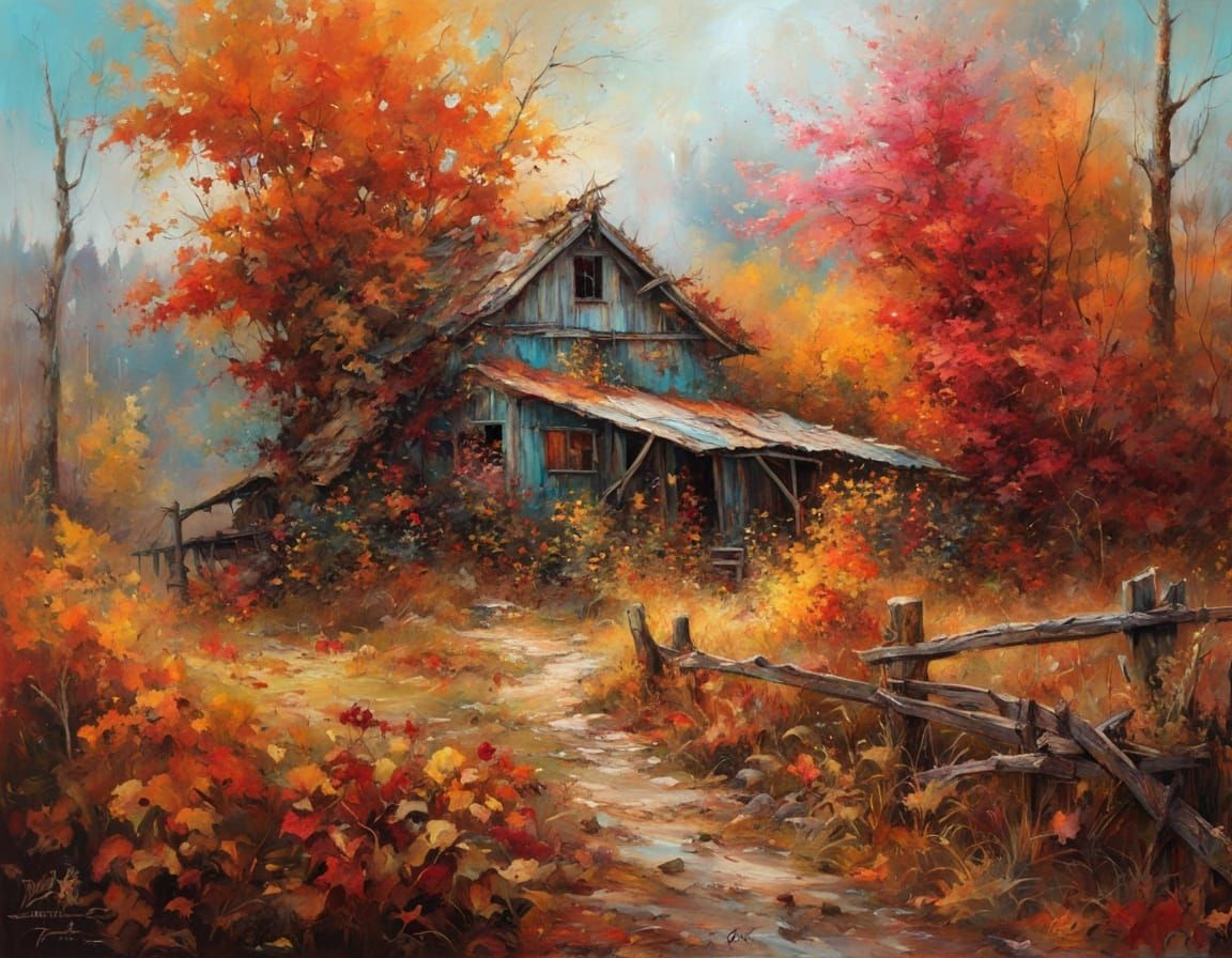 Vibrant Autumn Farmhouse with Fantasy Elements