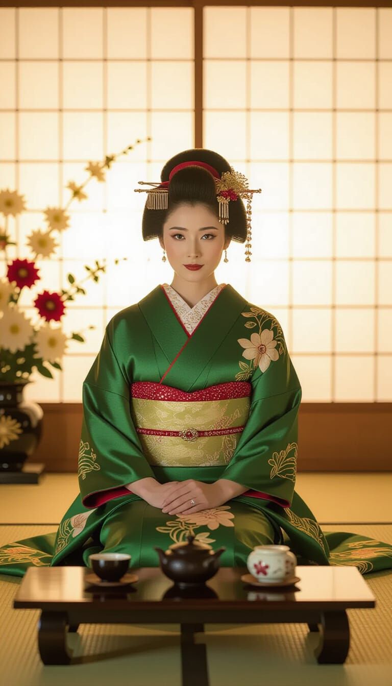 Japanese Woman in Kimono with Red Hair