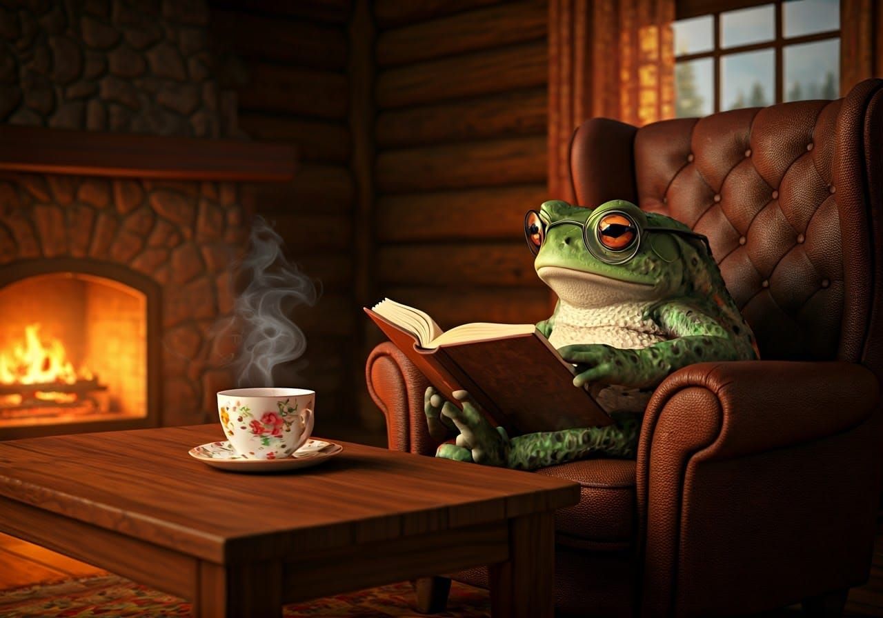 Toad Reading Book in Cozy Cabin