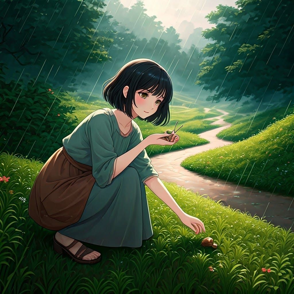 Ethereal Woman Places Snail in Lush Greenery