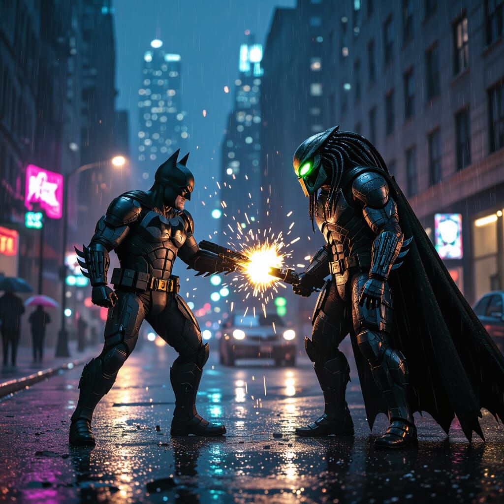 Batman vs Predator in Gotham: a Dark Cyberpunk Battle