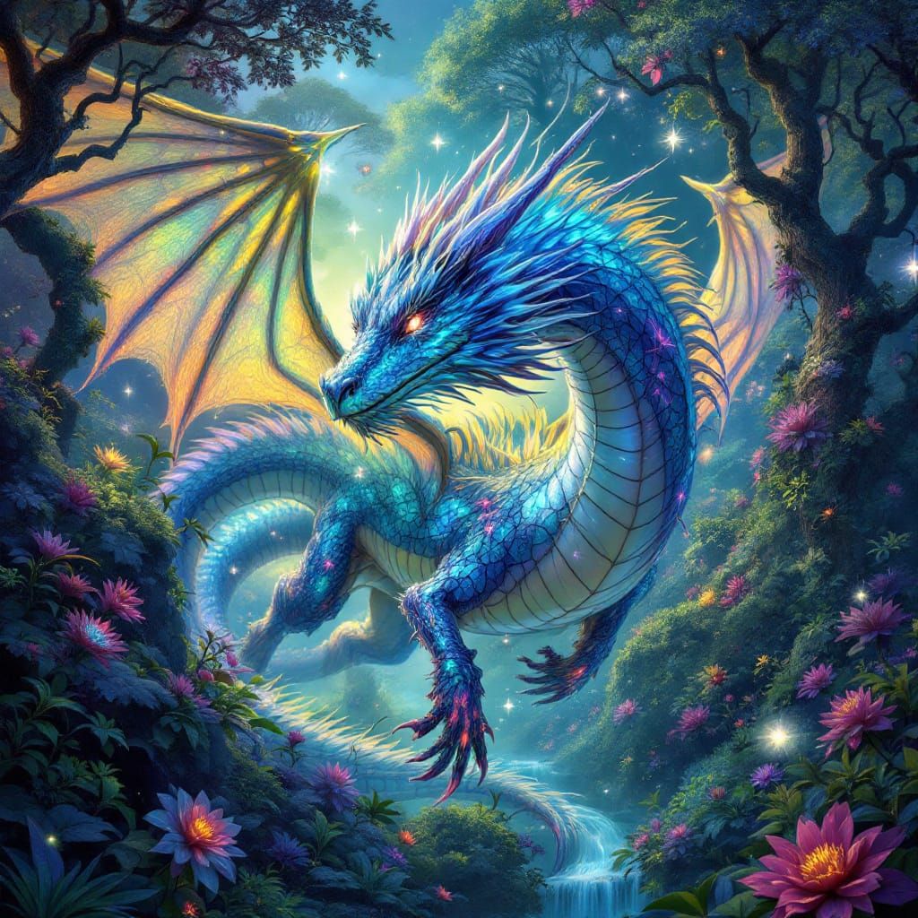 Dragon Soaring Through Bioluminescent Jungle