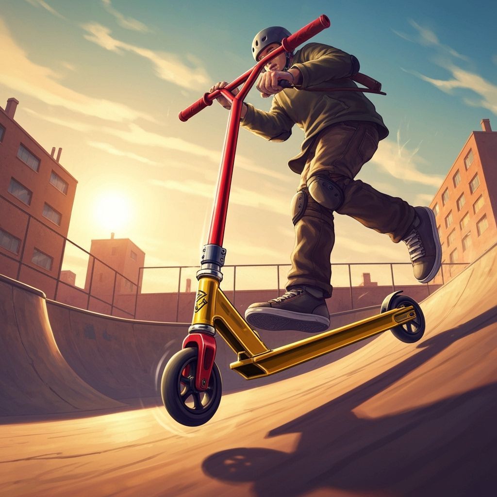 Dynamic Stunt Scooter Mid-Trick in Urban Skatepark