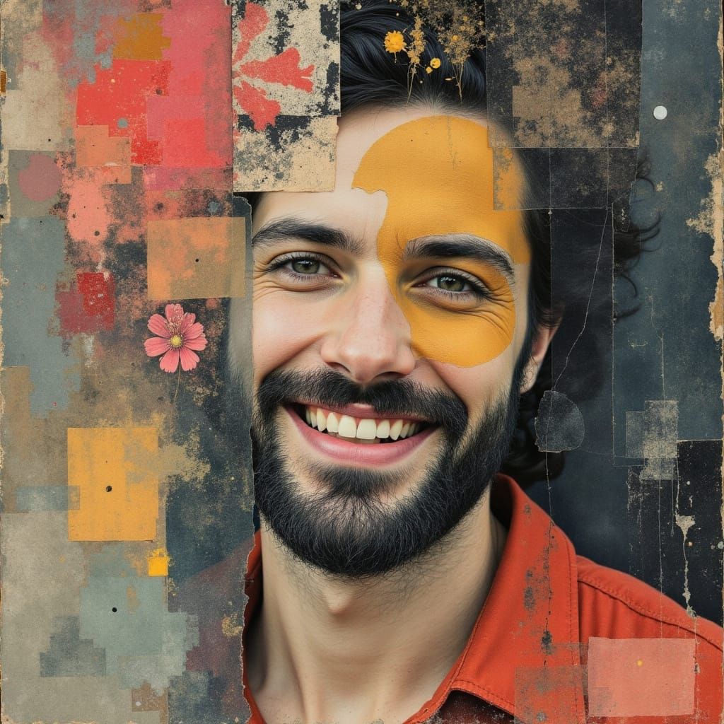 Cosmic Portrait of Smiling Man in Abstract Collage