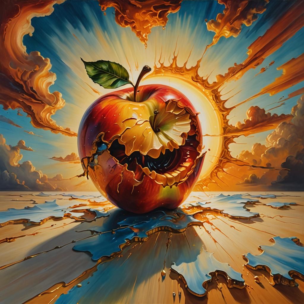 Surreal Bitten Apple with Sun Inside: Oil Painting