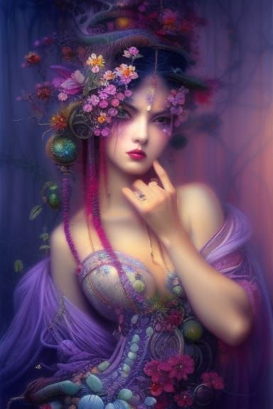 Clockpunk Bonsai Village with Kimono Woman, Detailed Digital...