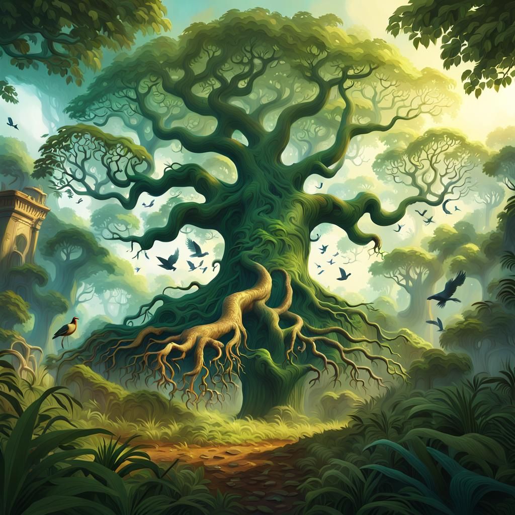 Lush Jungle Scene with Ancient Tree