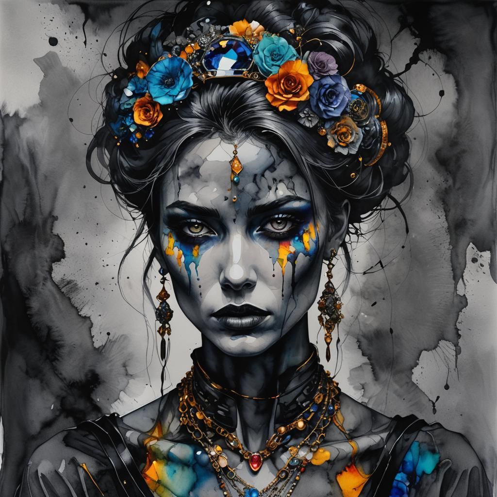 Despairing Woman in Dark Alcohol Inks and Watercolors