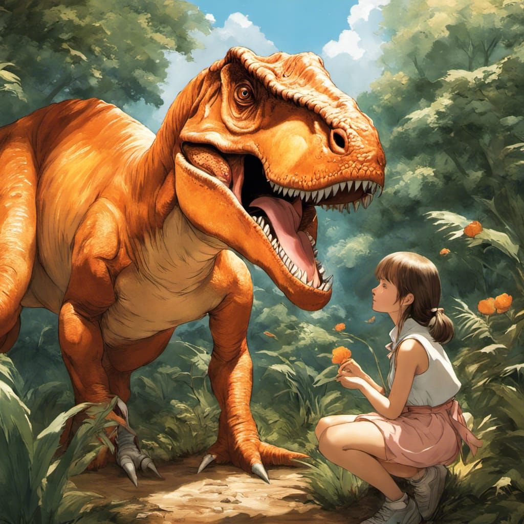 Anime Girl Kisses T-Rex Tail in Dreamy Realism