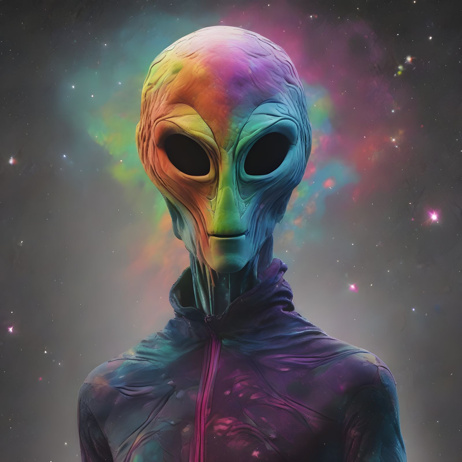A Multidimensional Grey Alien in Vibrant 4D Art
