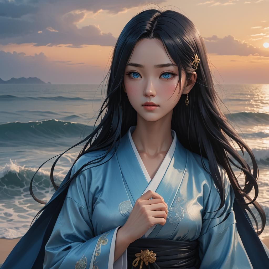 Striking Asian Woman with Blue Eyes in Anime Style