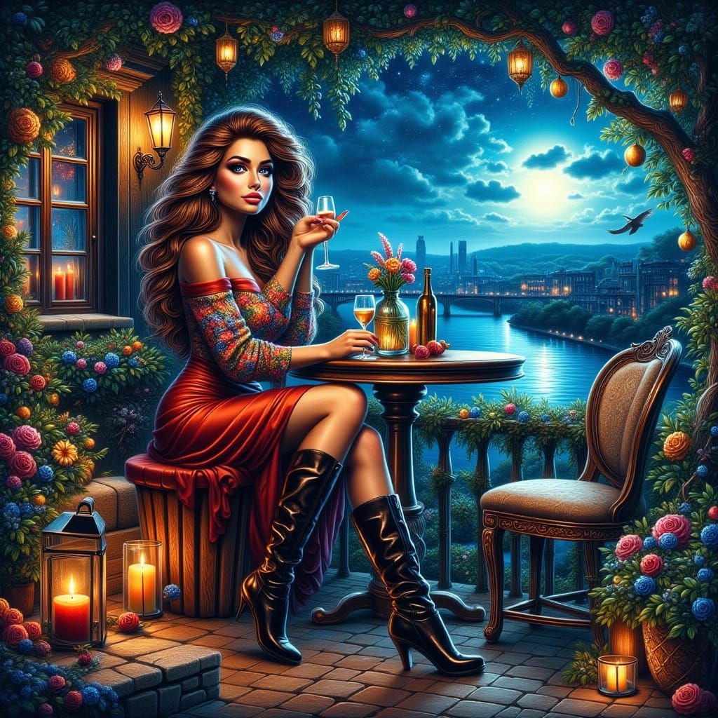 Woman at Terrace Bar Under Starry Night Sky