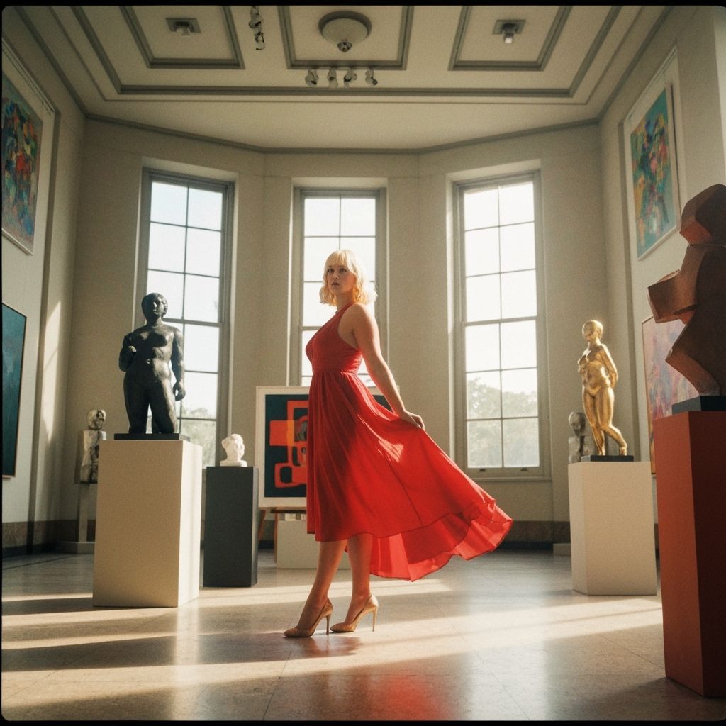 Elegant Woman Posing in Art Gallery, Cinematic Style