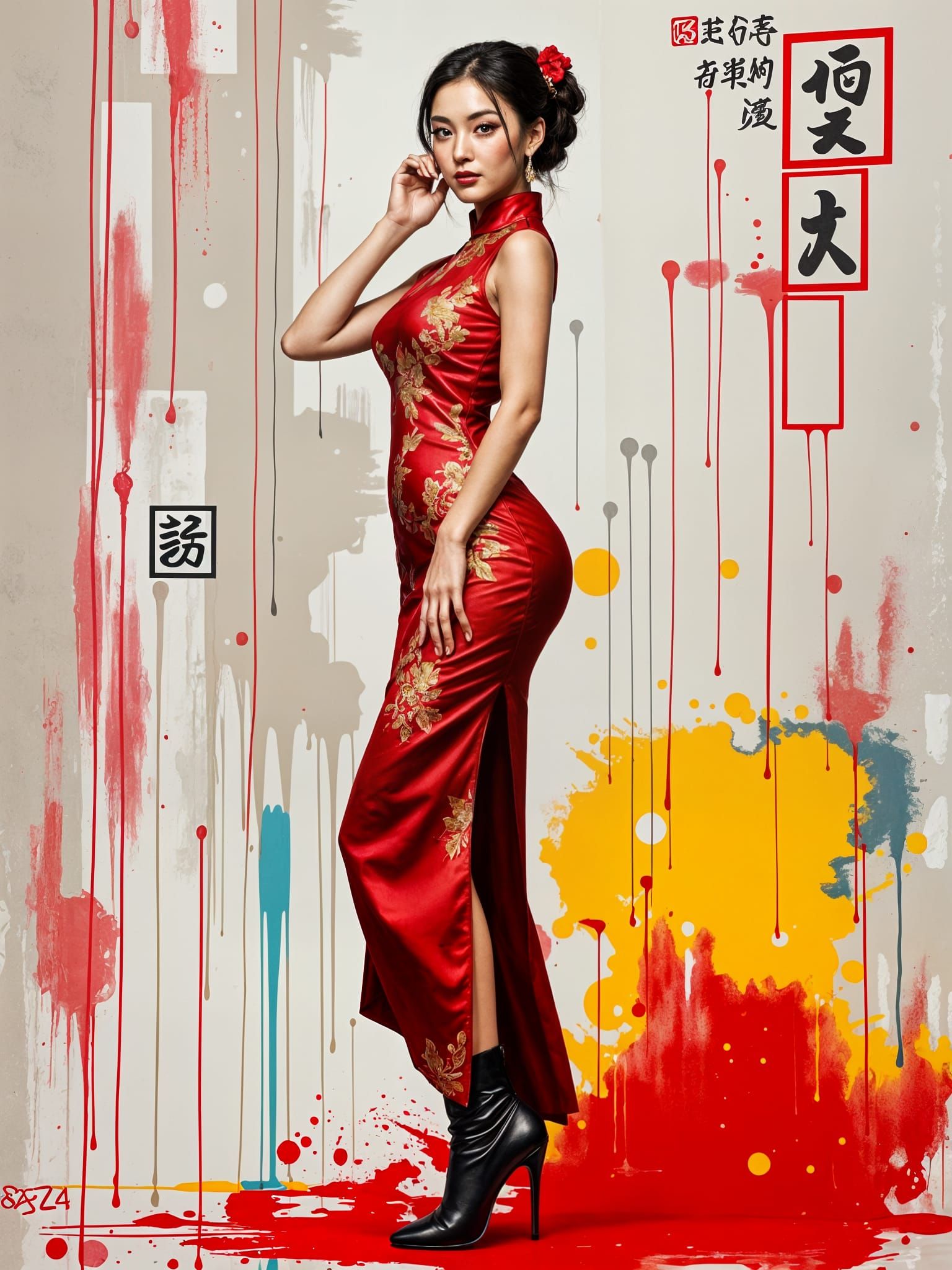 Regal Chinese Woman in Red Qipao and Ankle Boots