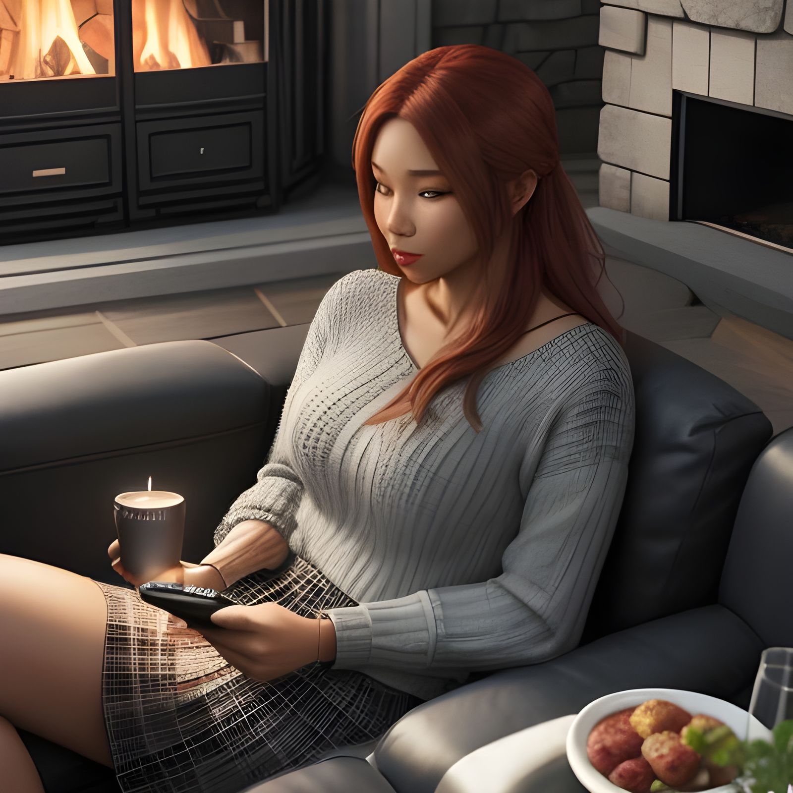 Hyperrealistic Woman Relaxing by Fireplace Checking Phone