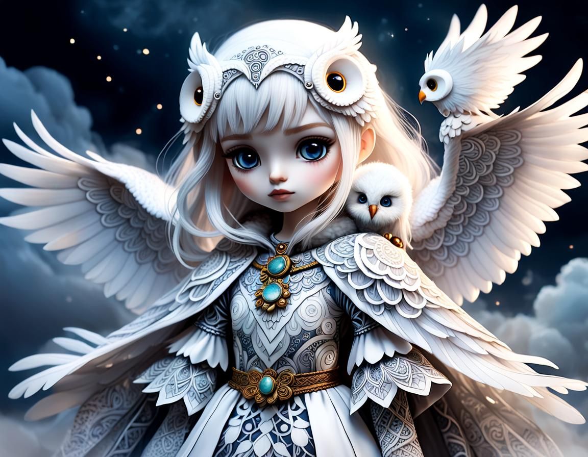 Chibi Girl with Owl in Ethereal Renaissance Style