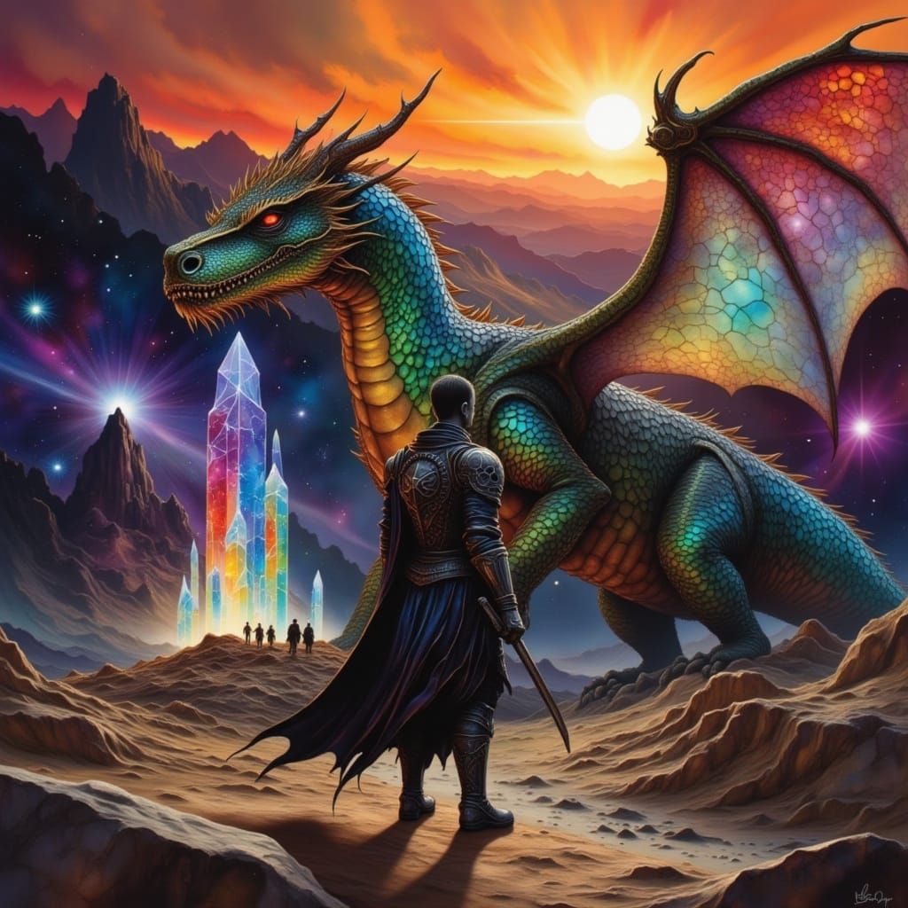 Knight vs Dragon on Alien World with Binary Sunset