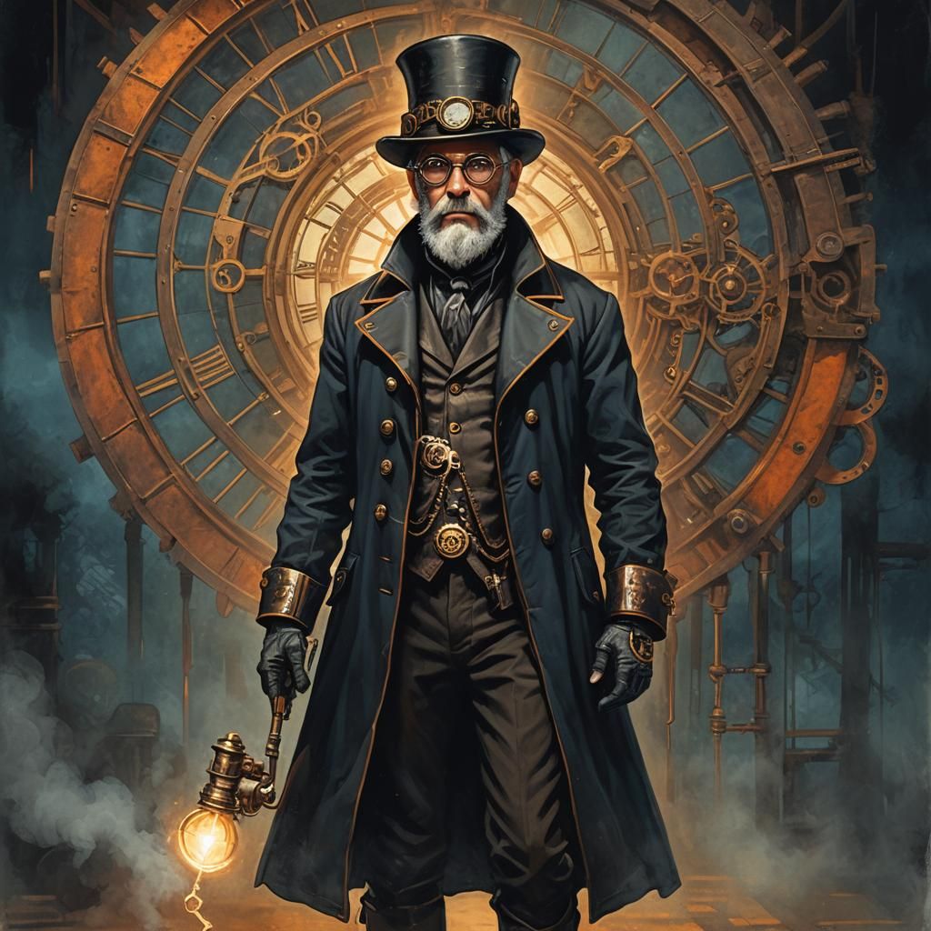 Steampunk Man Portrait with Brass Gears and Copper Pipes