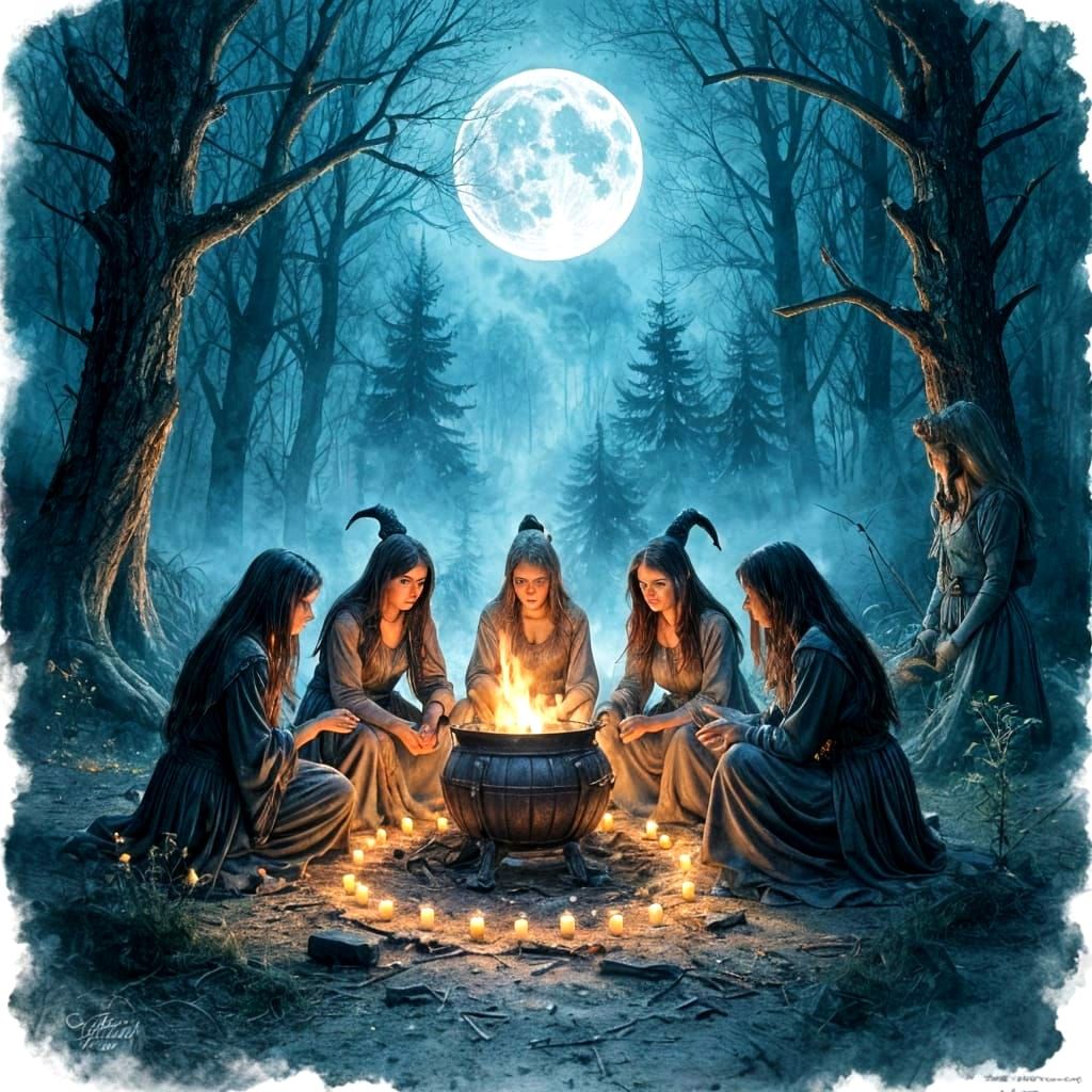 Witches Ritual in Moonlit Forest Clearing
