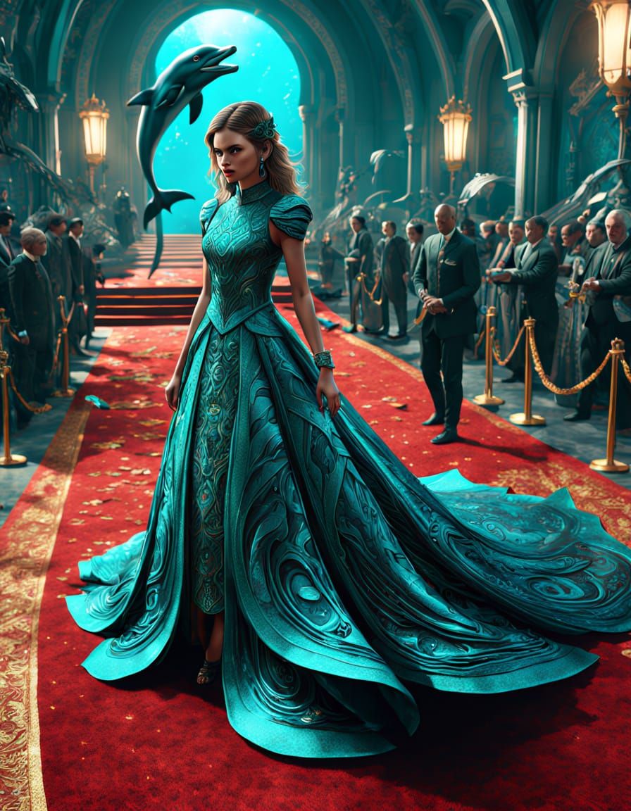 Dolphin in Teal Evening Gown Posing on Red Carpet