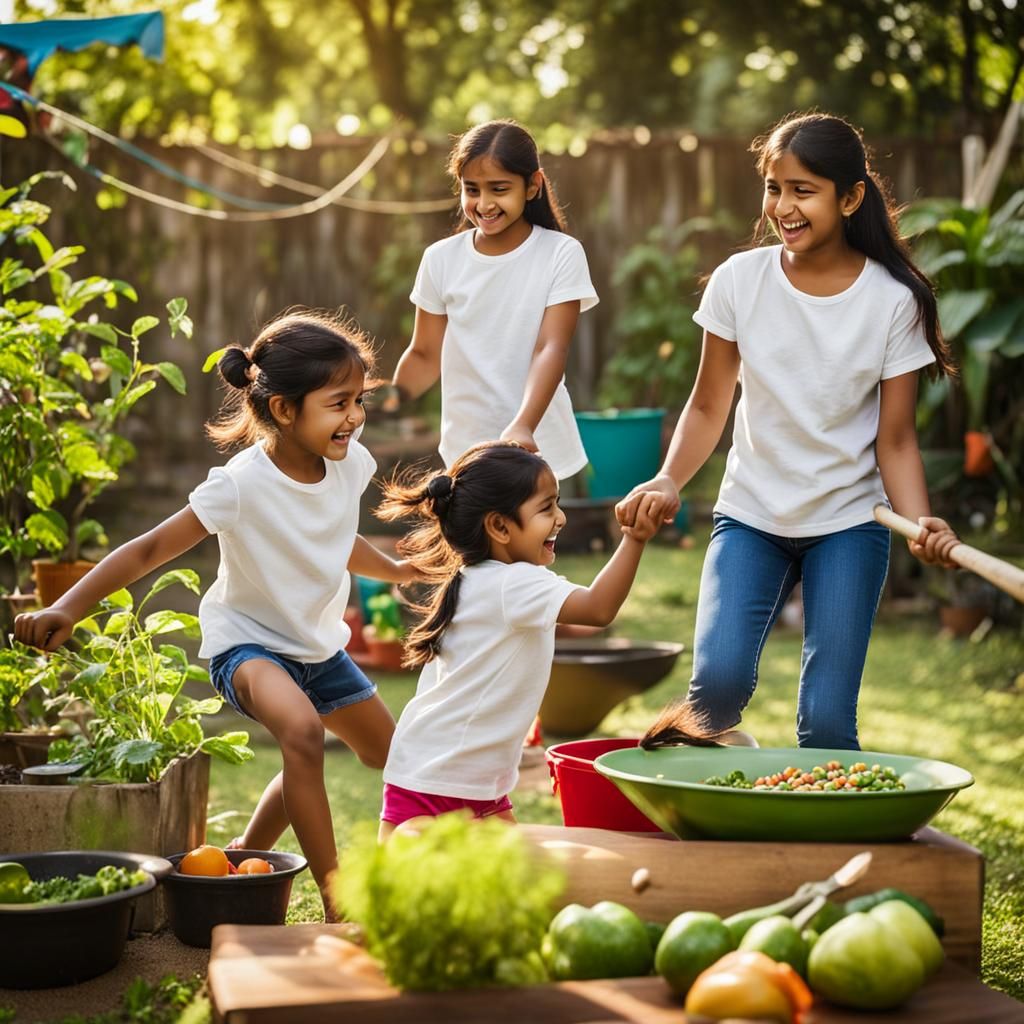 Indian Girls Playing in Backyard Garden