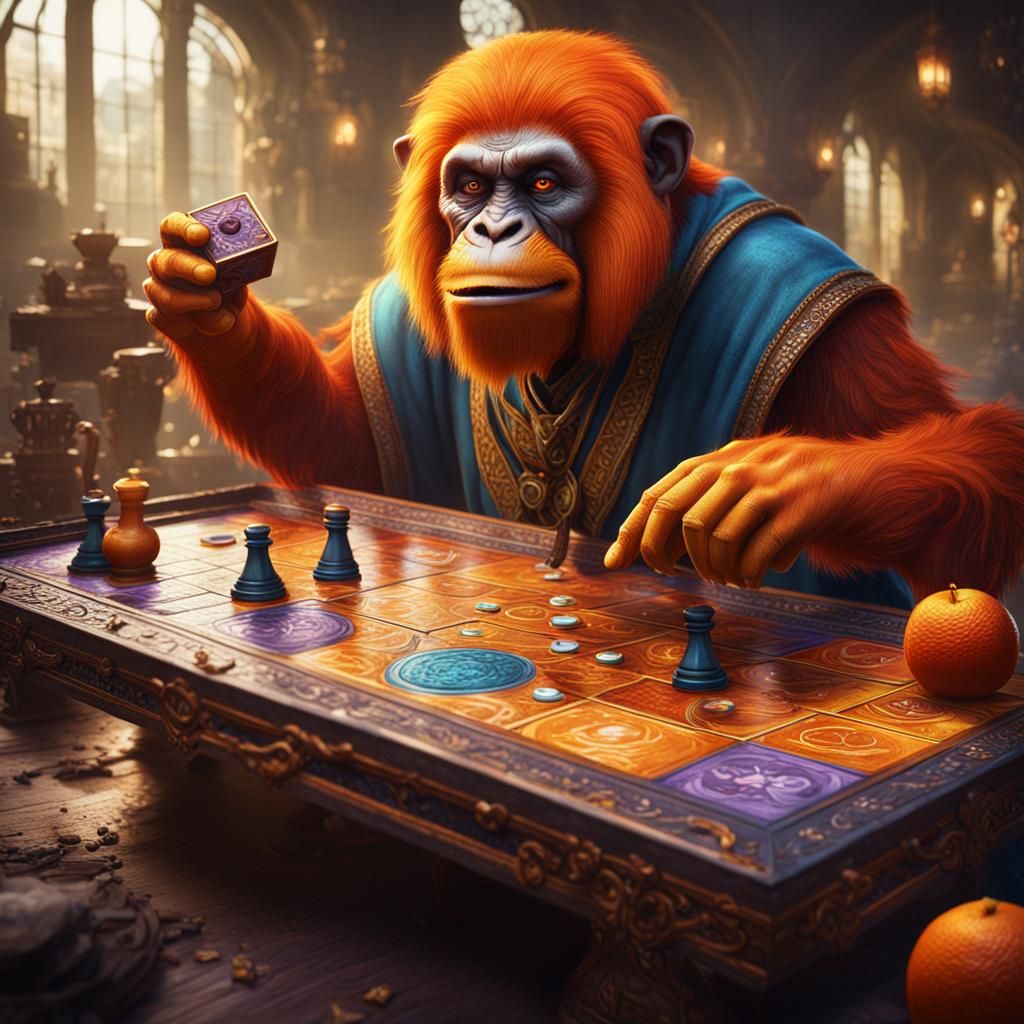 An orangatang playing a board game,
