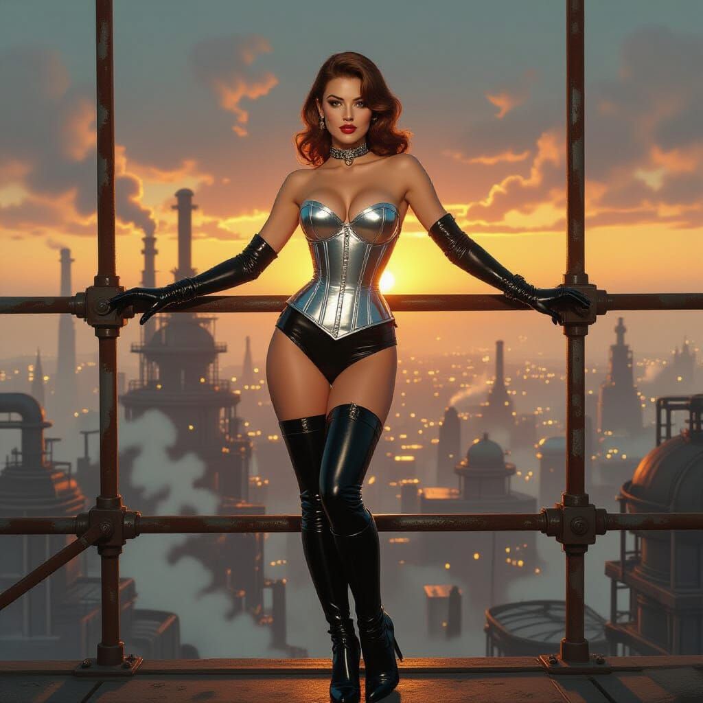 Retro Pin-Up Model Overlooking Industrial City in Oil Painti...