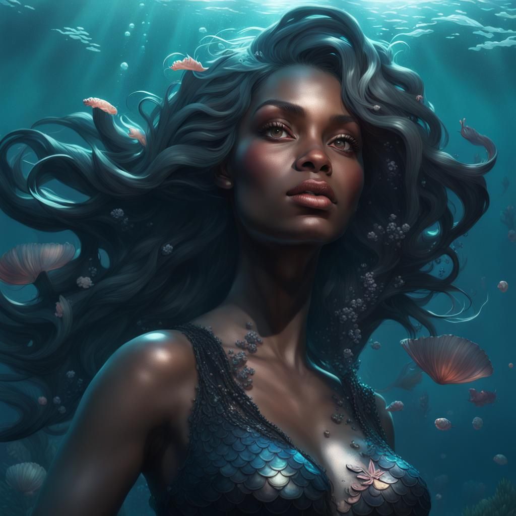 Underwater Black Mermaid Portrait in Art Nouveau Style