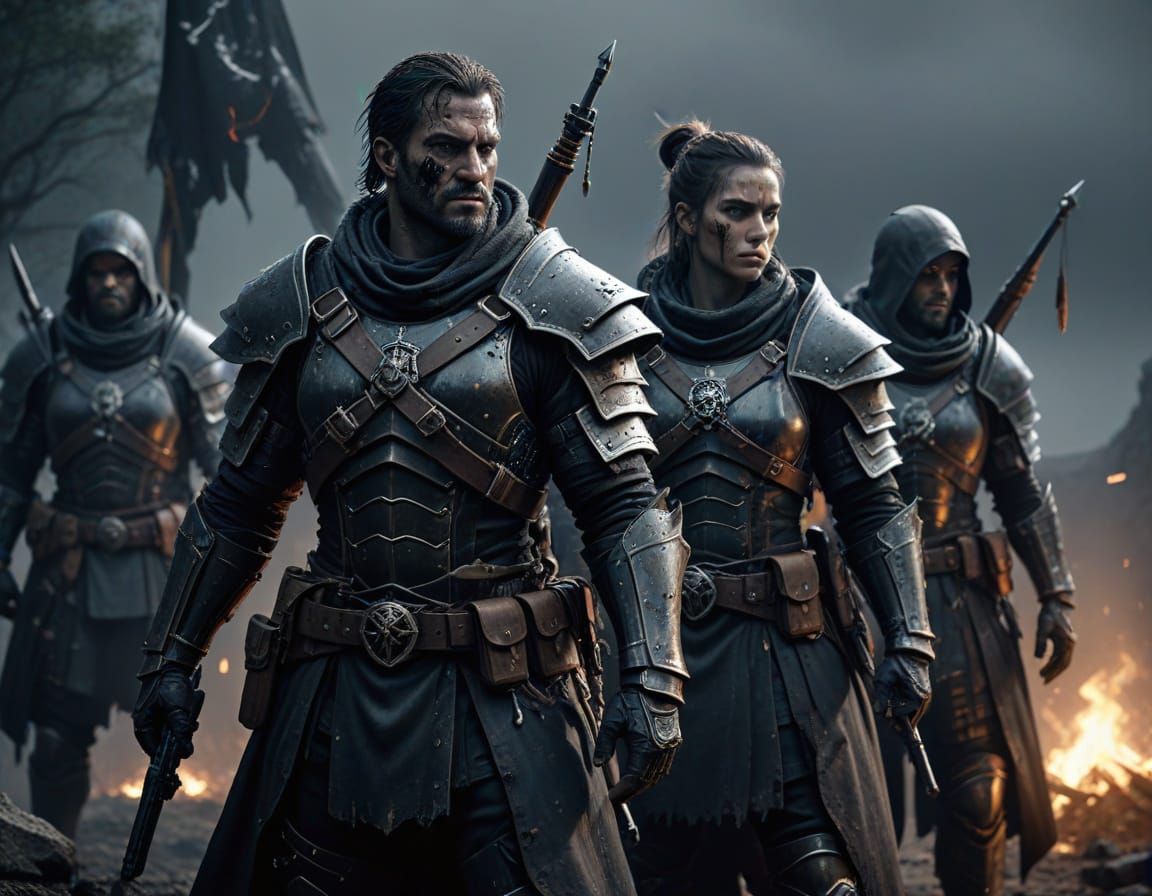 Dark Fantasy Mercenary Company in Gritty Moonlight