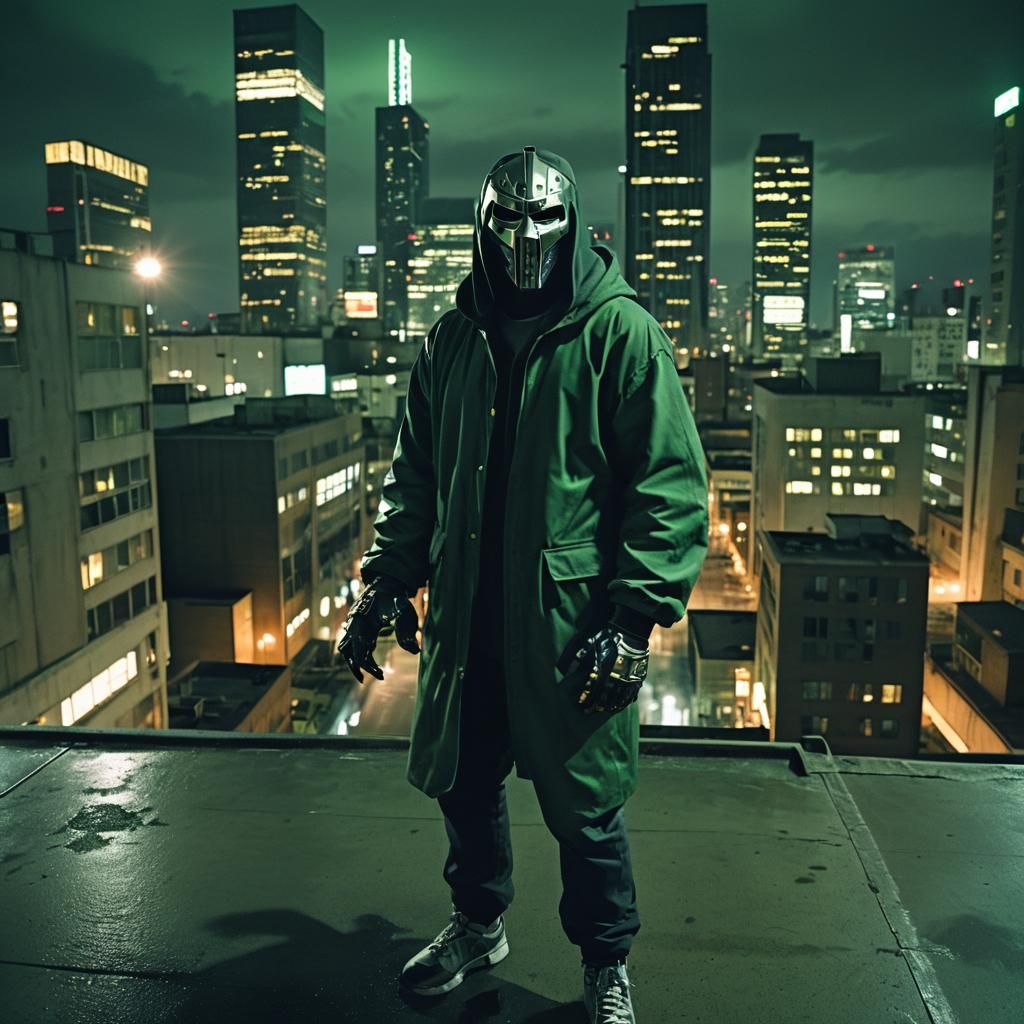 MF DOOM Figure on Rooftop in Cinematic Style