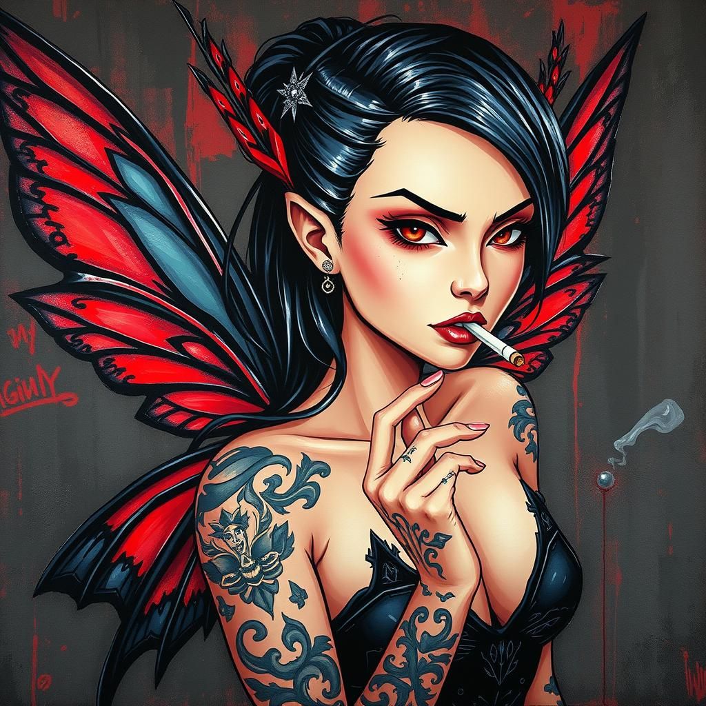 Rebellious Fairy Smoking, Polychromatic Graffiti Art