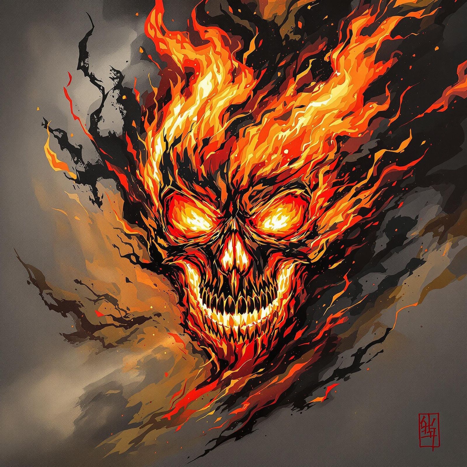 Epic Sumi-e Fire Skull in Motion