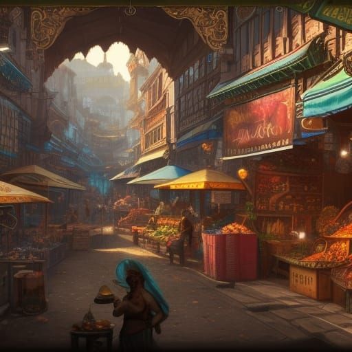 Fantasy Town's Bustling Market in Detailed Matte Painting
