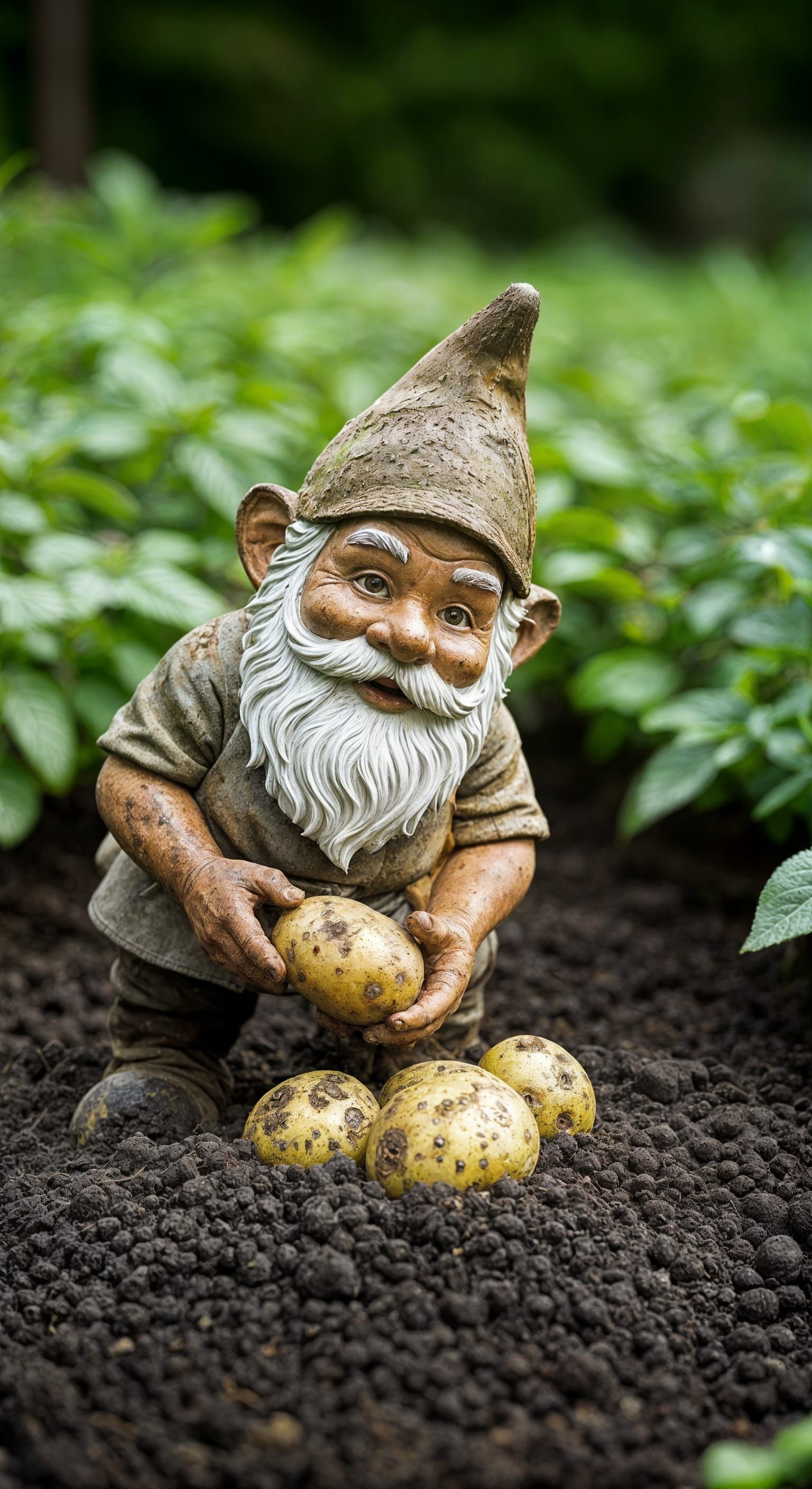 Rusty Garden Gnome Harvesting Potatoes