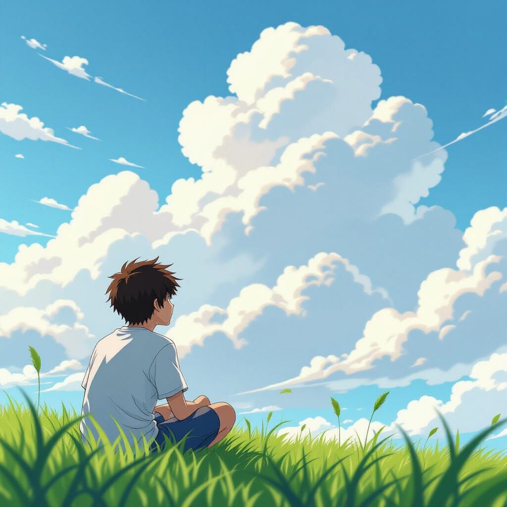 Anime Style: Young Man Dreams in Grassy Field