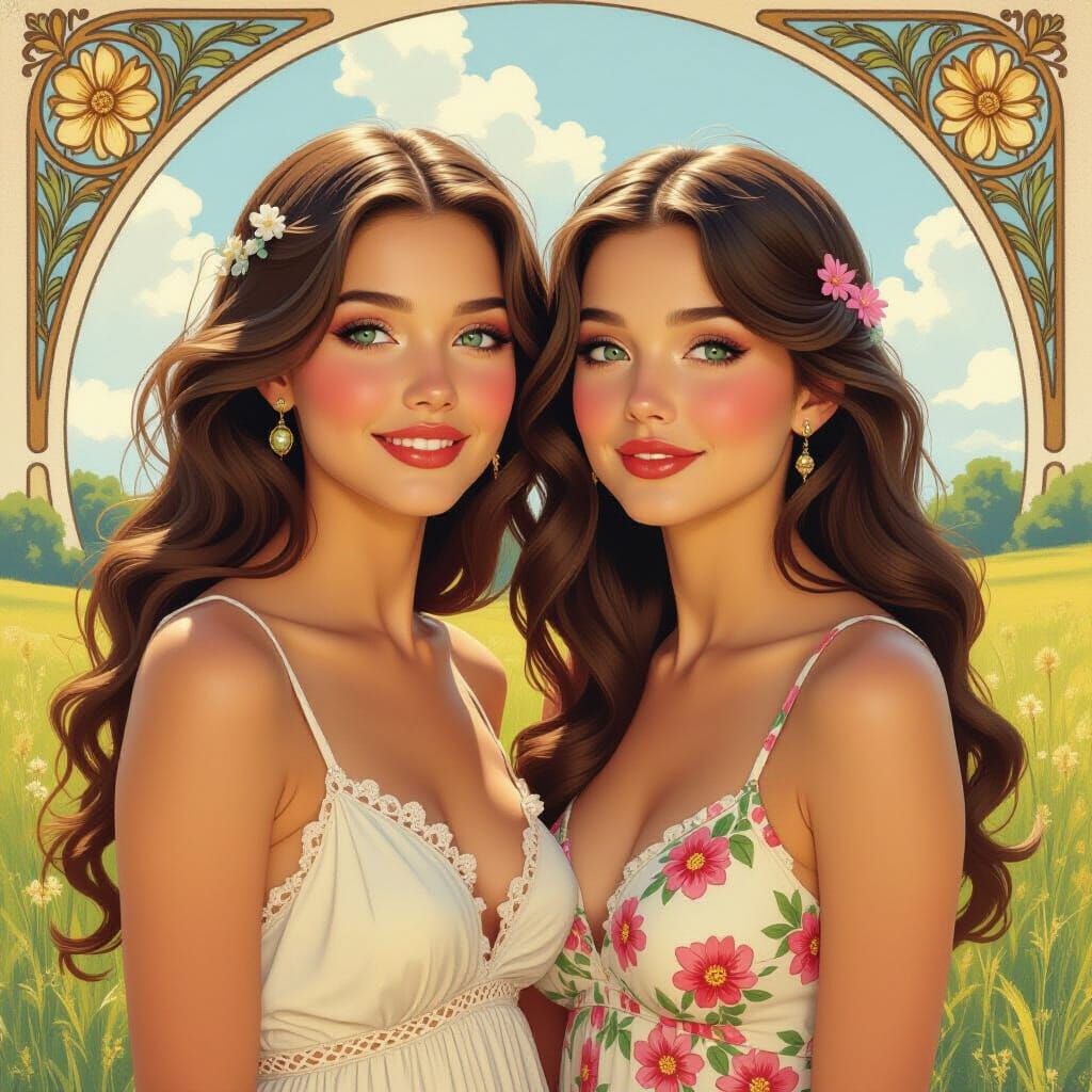 Blonde Twins in a Sunny, Surreal Art Nouveau Style