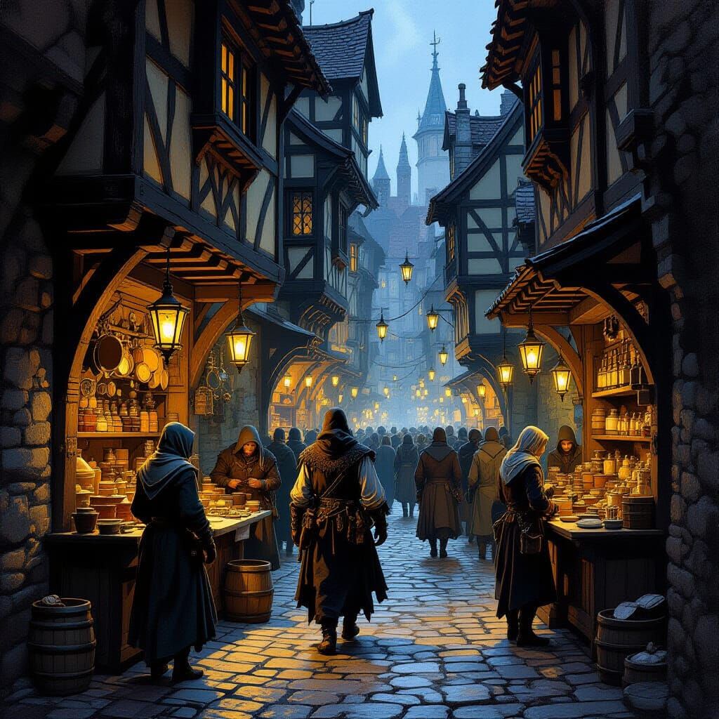 Medieval Alley Market with Merchants, Golden Lamps & Shadows