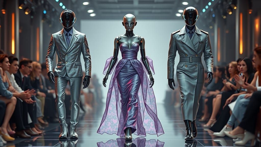 Robot Models on a Futuristic Runway in High Fashion