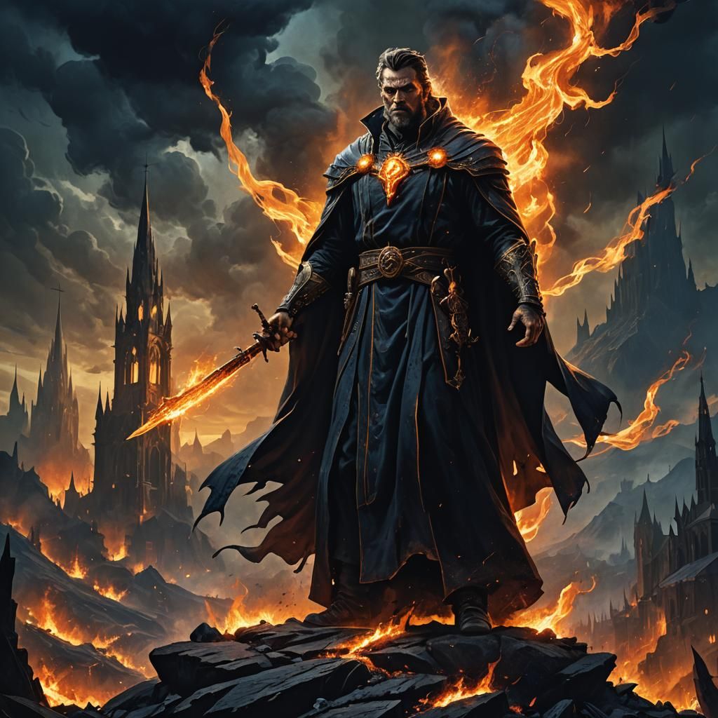 Prophet Against Hellish Landscape in Dark Fantasy Style