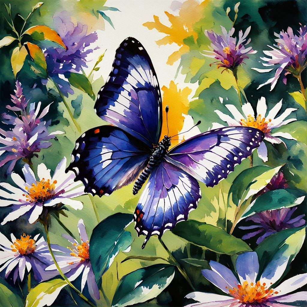 Whimsical Watercolor Garden Scene with a Purple Butterfly