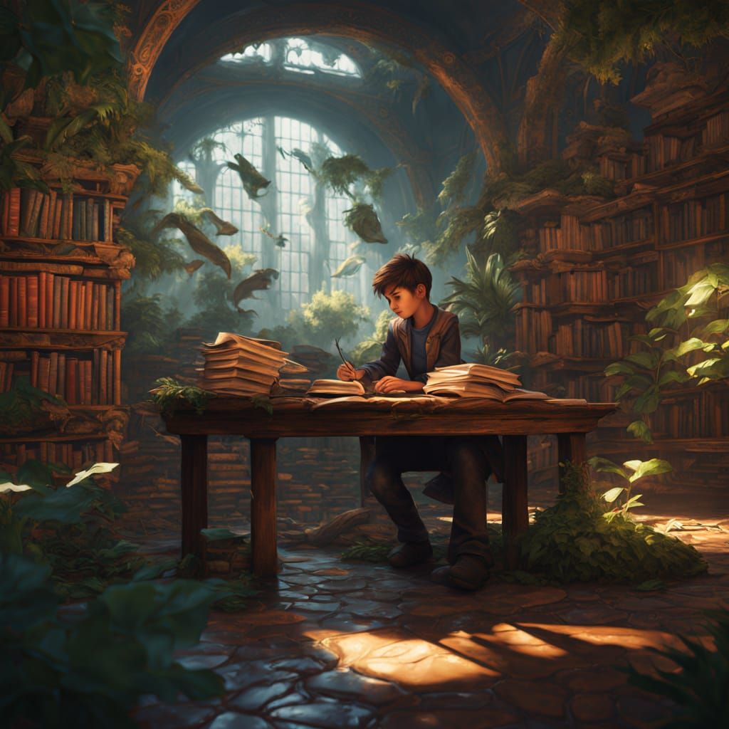 Boy Soars Through Jungle Library in Vibrant Fantasy Art