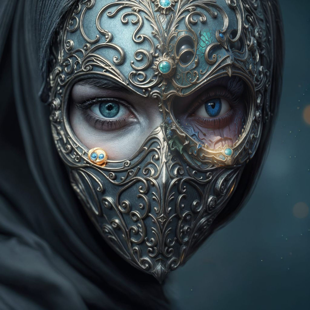 Surreal Mask Conceals Inner Turmoil in Vibrant Fantasy World