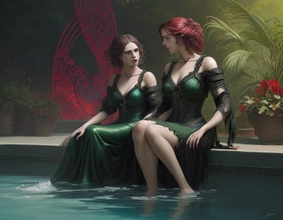 Sisters by Sparkling Pool in Art Nouveau Style