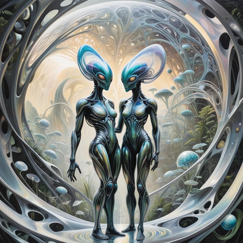 Surreal Holographic Alien in Futuristic Eden Project