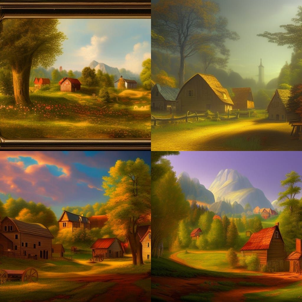 Amish Village in Woods, 19th Century Matte Painting