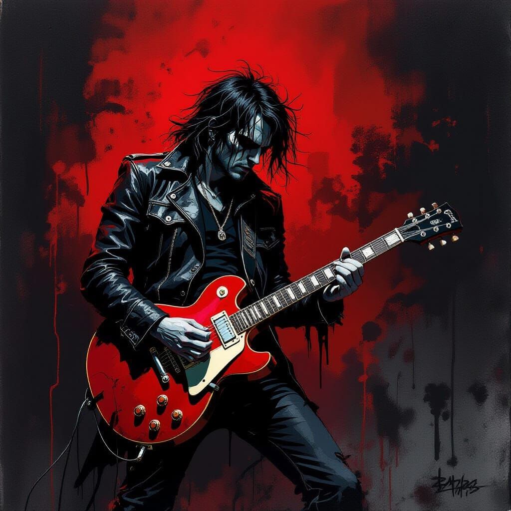Gothic Rock Guitarist in Expressionist Illustration