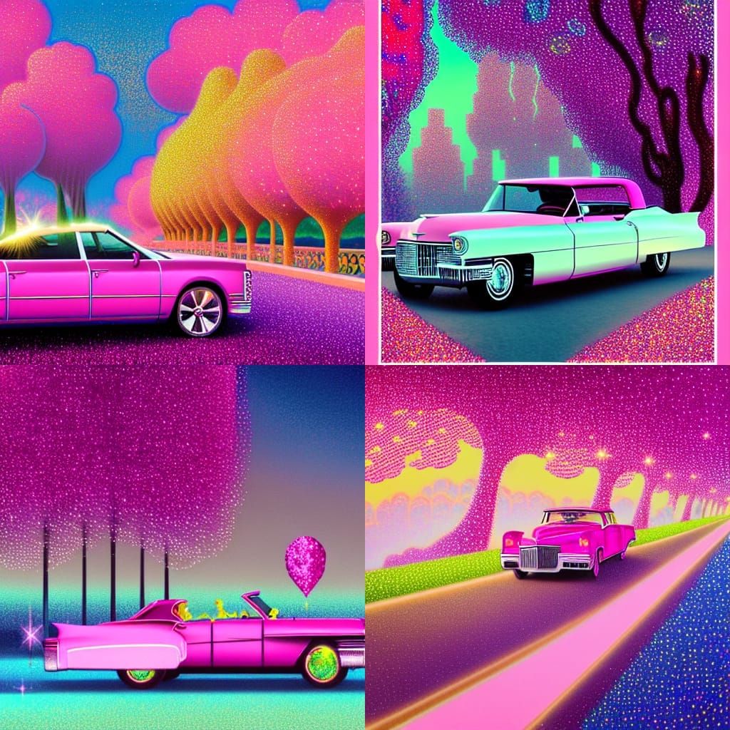 Pink Cadillac on Freeway of Love: Digital Sparkle Art