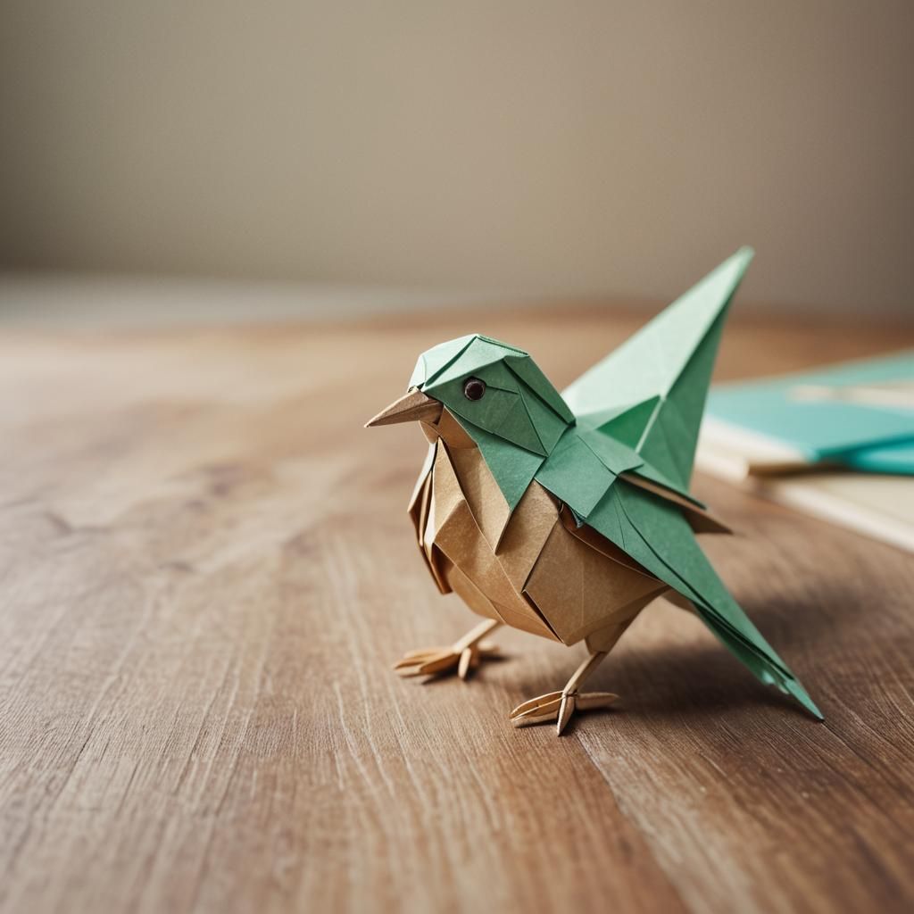 Origami Bird on Desk: Papercraft Art in Soft Focus