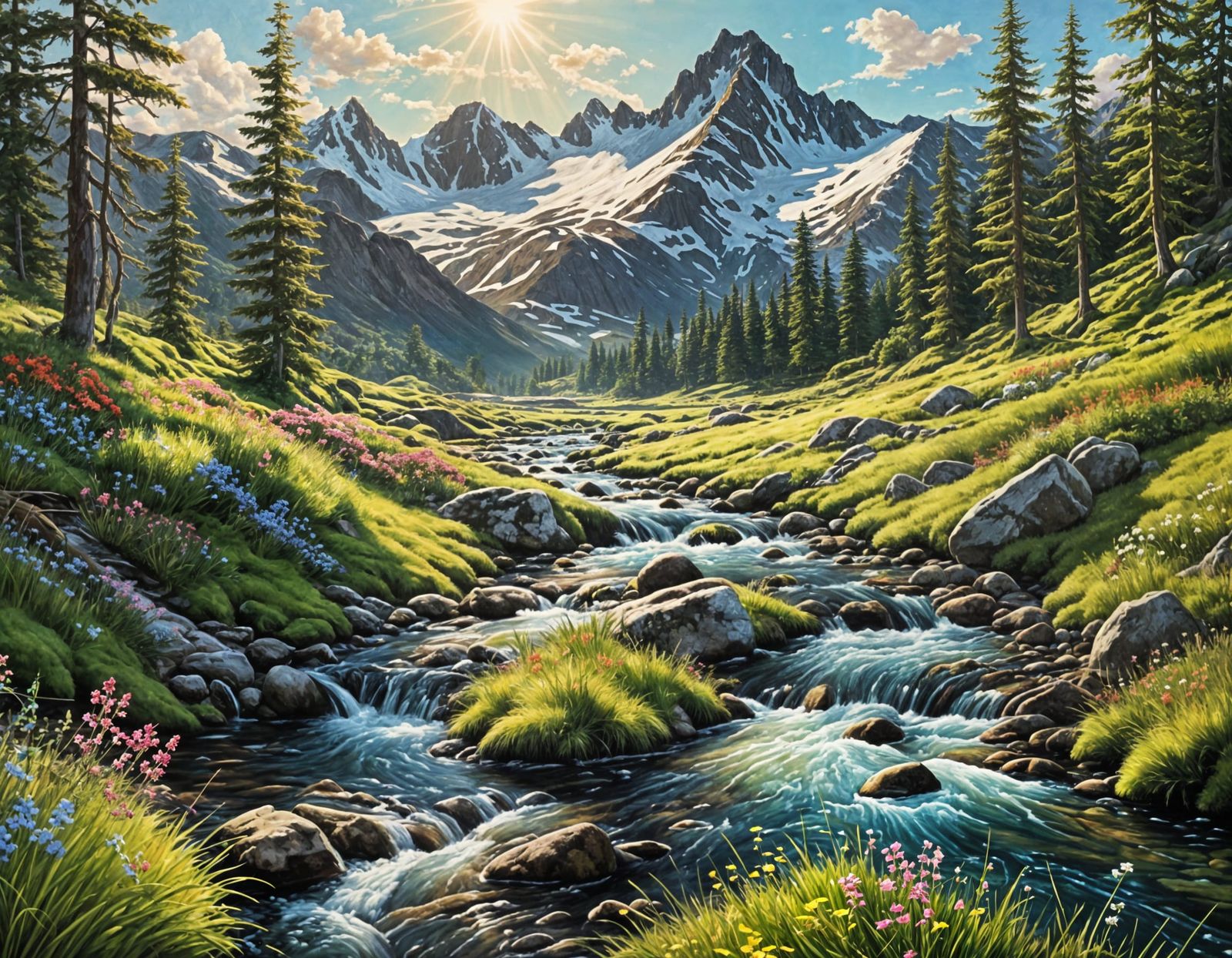 Sunlit Mountain Stream Oil Painting